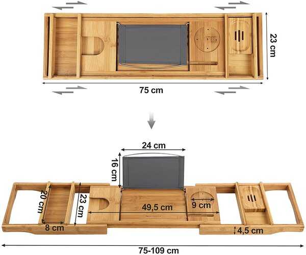 SONGMICS Podnos na vaňu bambusový prírodný 75-109 cm