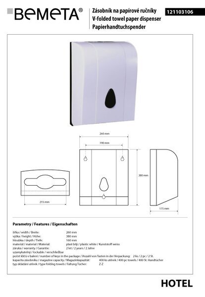Bemeta Design Zásobník papierových utierok, 380 mm, plast biely - 121103106