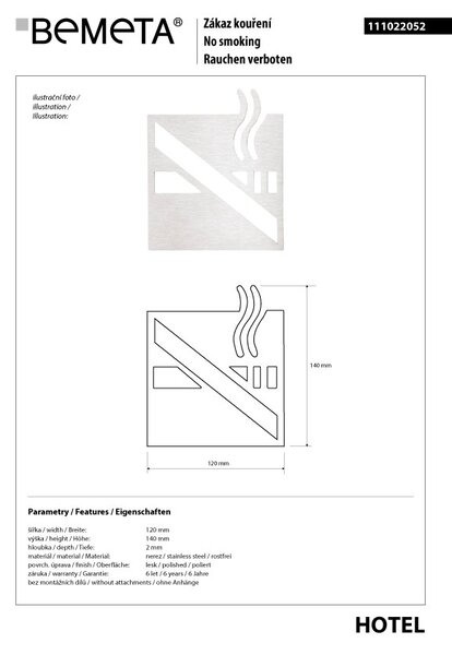 Bemeta Design Ikona - Fajčenie zakázané, štvorec, lesk - 111022052