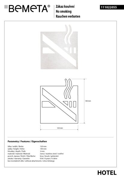 Bemeta Design Ikona - Fajčenie zakázané, štvorec, mat - 111022055