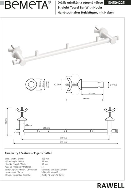Bemeta Design RAWELL: Držiak uterákov na vykurovacie teleso s háčikmi 300 mm, biela - 134504225