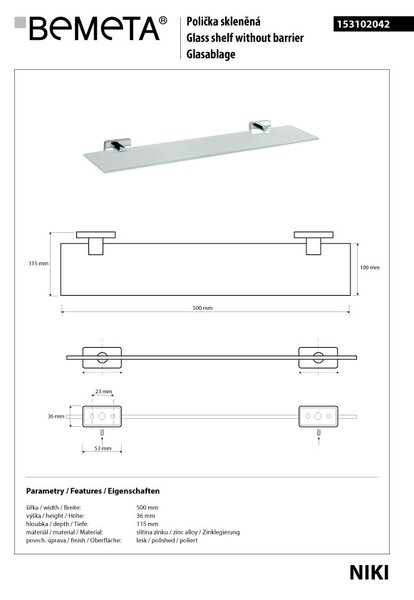 Bemeta Design NIKI: Polička, 500 mm, sklo - 153102042