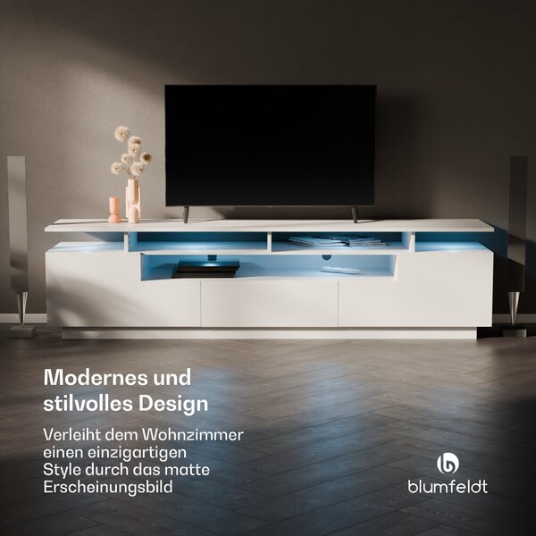 Blumfeldt Perth Lowboard , TV skrinka, LED, 3 police, biela, 195 x 33 x 50 cm