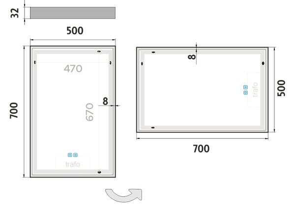 Nimco Biele LED zrkadlo 500x700 s dvoma dotykovými senzormi - ZPB 13001VX-05
