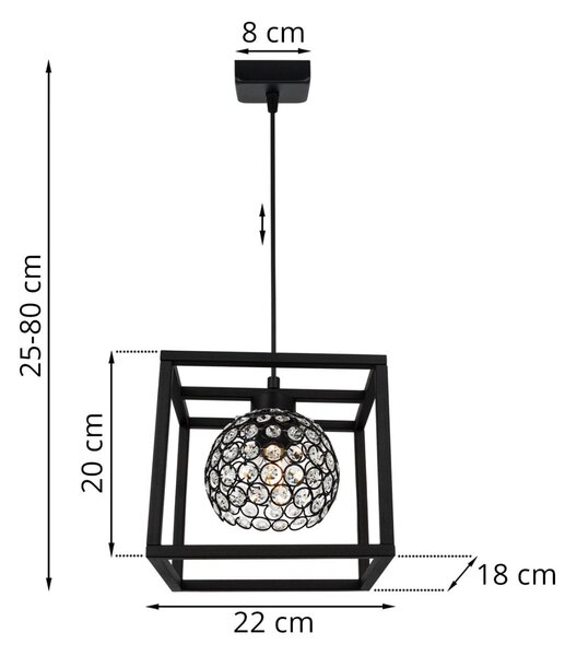 Závesné svietidlo Crystal Cage, 1x čierne krištáľové tienidlo v kovovom ráme
