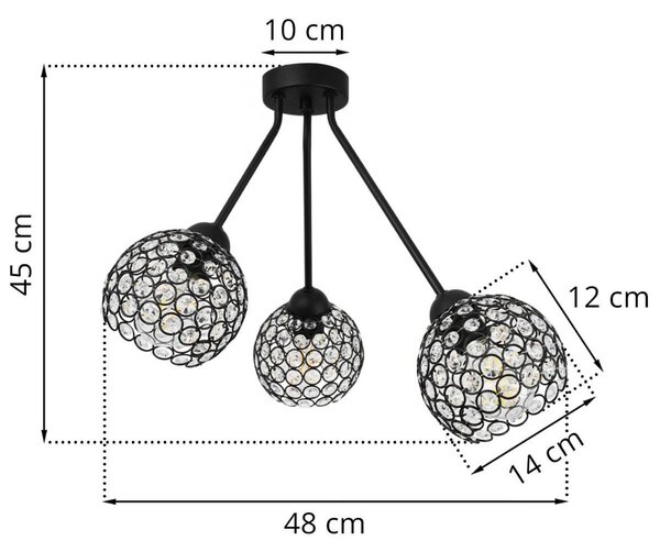 Stropné svietidlo Crystal Trio, 3x čierne krištáľové tienidlo
