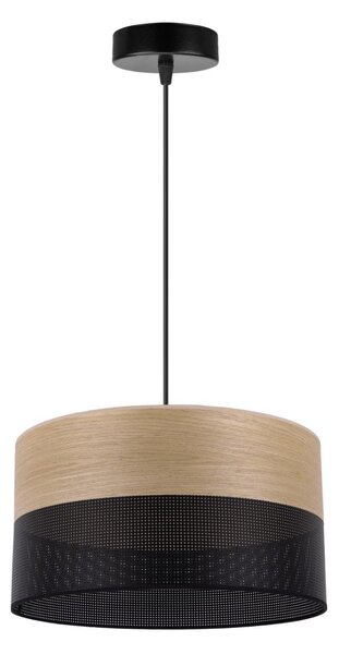 Závesné svietidlo Wood, 1x dýha zlatý dub/čierne PVC tienidlo, (fi 30cm)
