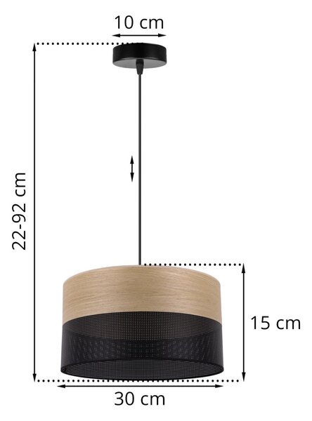 Závesné svietidlo Wood, 1x dýha zlatý dub/čierne PVC tienidlo, (fi 30cm)