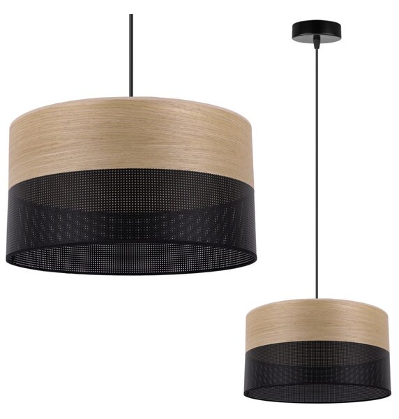 Závesné svietidlo Wood, 1x dýha zlatý dub/čierne PVC tienidlo, (fi 30cm)