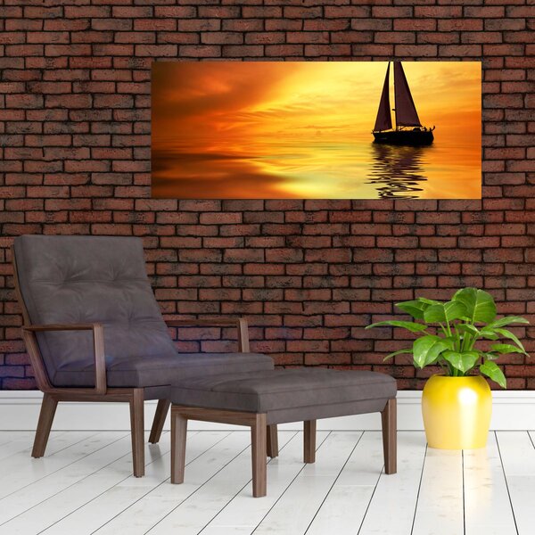 Obraz - Plachetnica pri západe slnka (120x50 cm)