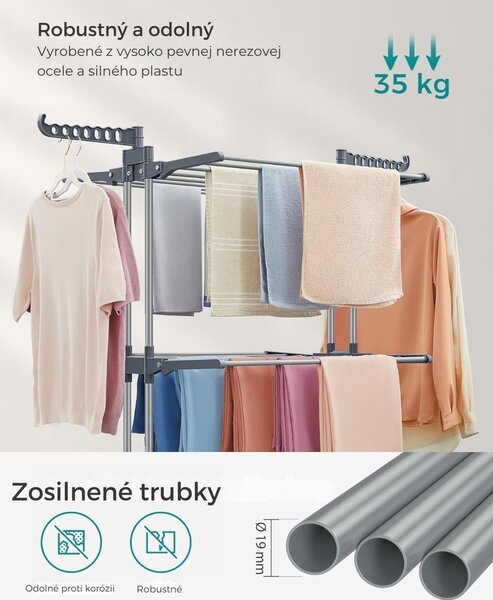 Sušiak na bielizeň ELTON so 4 úrovňami na kolieskach, 63,5x128x173cm, šedá SongmicsHome