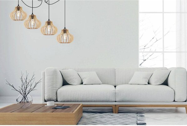 Závesné svietidlo Timber Spider 3, 4x drevené tienidlo