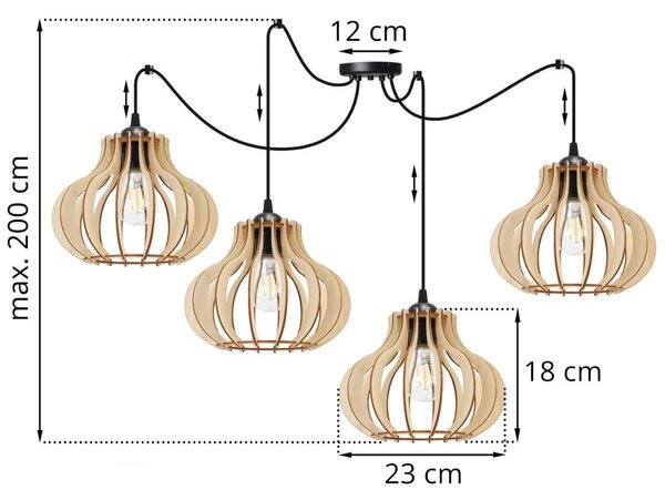 Závesné svietidlo Timber Spider 3, 4x drevené tienidlo