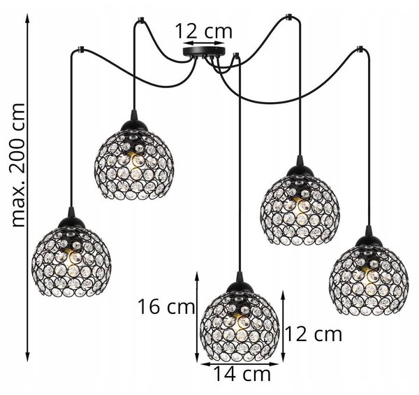 Závesné svietidlo Crystal Spider, 5x čierne krištáľové tienidlo