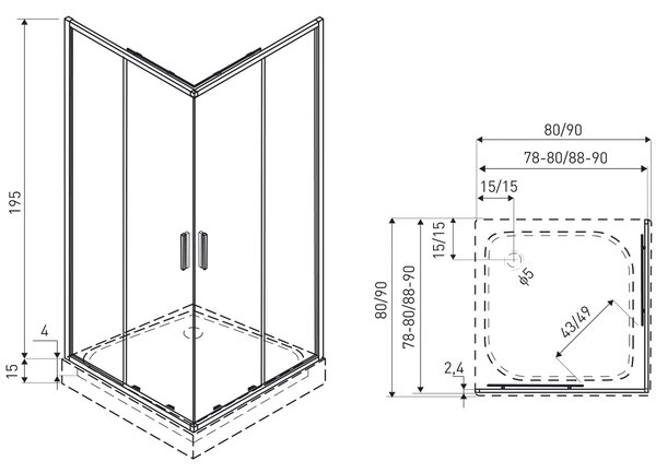 Novoterm Štvorcový sprchový kút NV-Solid SQ BL 80, čierny/transparent - bez vaničky