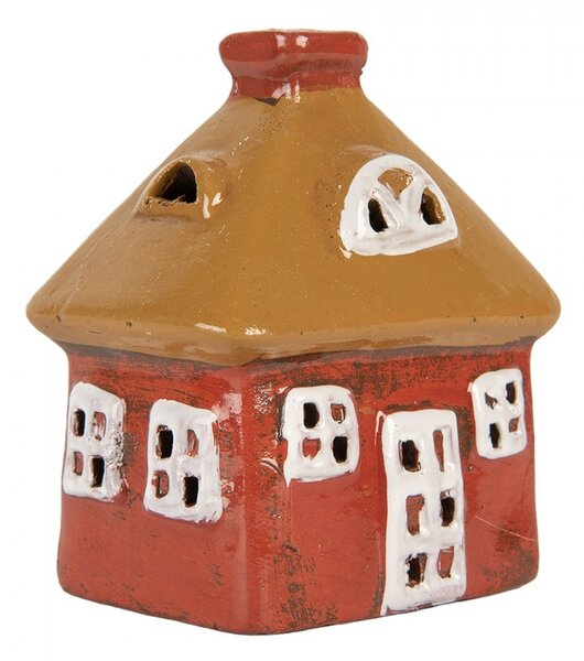 Červený keramický svietnik na čajovú sviečku domček Village - 9*6*10 cm - Clayre & Eef