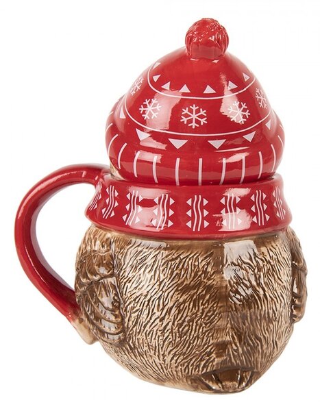 Keramický hrnček vtáčik s viečkom a čiapočkou - 15*11*17 cm / 500 ml - Clayre & Eef