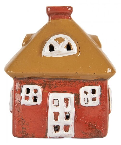 Červený keramický svietnik na čajovú sviečku domček Village - 9*6*10 cm - Clayre & Eef