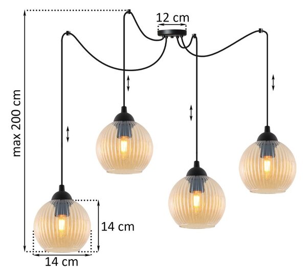 Závesné svietidlo Riffle Round Spider, 4x medové sklenené tienidlo