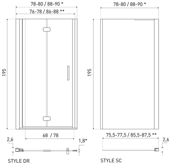 Novoterm Zalamovacie otočné sprchové dvere NV-Style DR CHR 80, chróm/transparent - bez vaničky