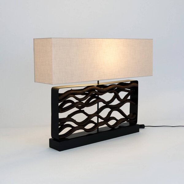 Stolová lampa TREMITI NERO čierna/béžová, výška 67 cm, drevo/textil, Čierna, Obývacia izba / jedáleň, Drevo, Stojacie svietidlo