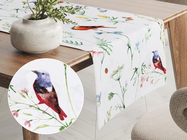 Biante Bavlnený behúň na stôl Sandra SA-392 Lúčne kvietky s vtáčikmi 20x120 cm
