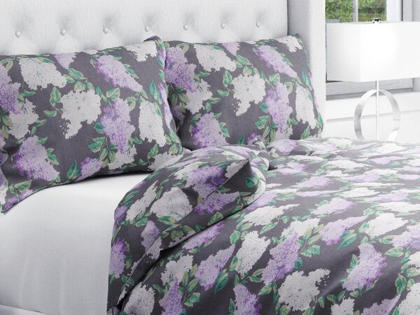 Biante Bavlnené posteľné obliečky Sandra SA-384 Kvety orgovánu na sivom Dvojlôžko francúzske 200x200 a 2ks 70x90 cm
