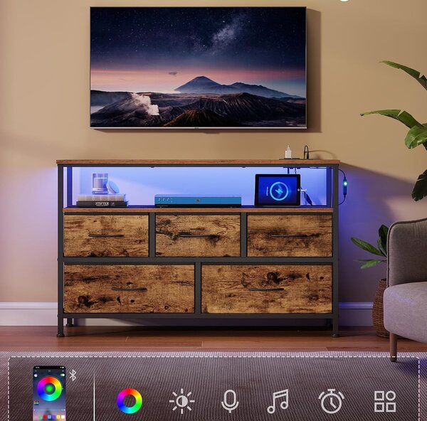 SONGMICS Komoda s LED osvetlením a nabíjacou stanicou Vasagle Mory 98,7 cm hnedá/čierna