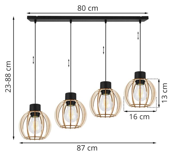 Závesné svietidlo Timber 8, 4x drevené tienidlo