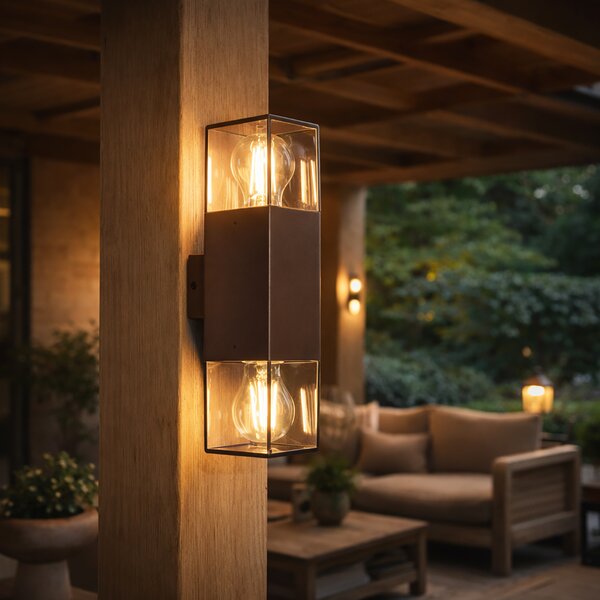 Vonkajšia nástenná lampa hrdzavohnedá s dymovým tienidlom 2-svetlá IP44 - Denmark