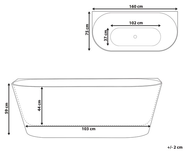 Voľne stojaca vaňa biela akrylátová 160 cm oválny tvar moderný minimalistický dizajn