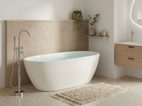 Voľne stojaca vaňa biela akrylátová 160 cm oválny tvar moderný minimalistický dizajn