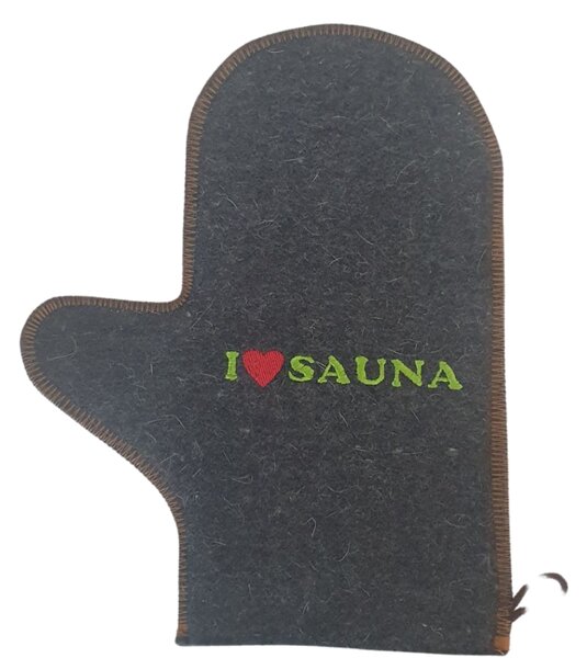 Rukavica do sauny výšivkou, plsť Šedá so zeleným nápisom