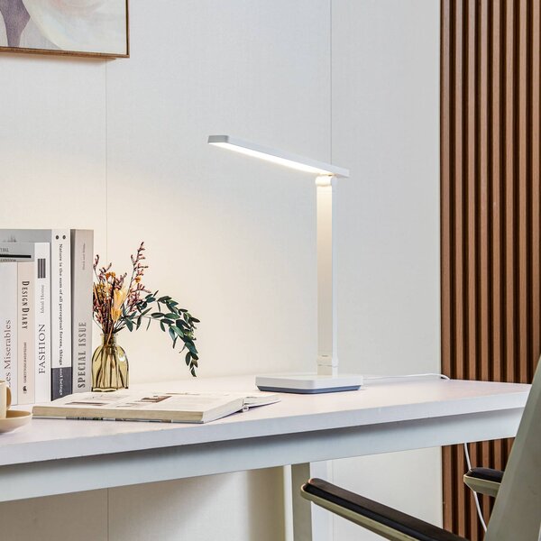 Stolná LED lampa Lindby Rylas, biela, USB,, Biela / opálová, Pracovňa / Kancelária, Plast, Moderný, Stolová lampa