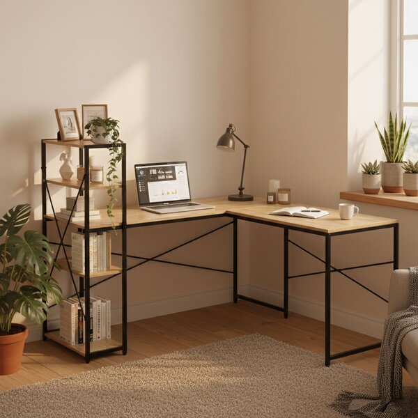 ModernHome Rohový písací stôl s policami svetlý dubový loft ModernHome