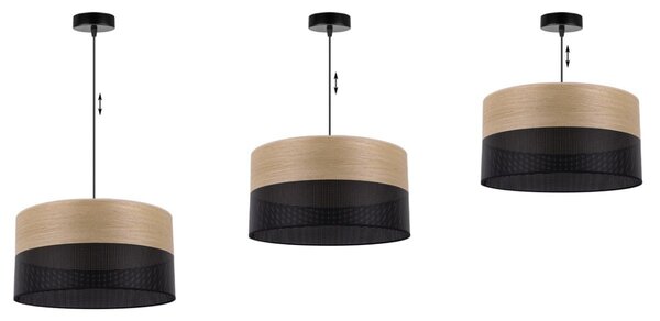 Závesné svietidlo Wood, 1x dýha zlatý dub/čierne PVC tienidlo, (fi 40cm)