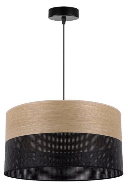 Závesné svietidlo Wood, 1x dýha zlatý dub/čierne PVC tienidlo, (fi 40cm)