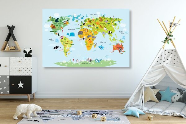 Obraz na korku detská mapa sveta so zvieratkami