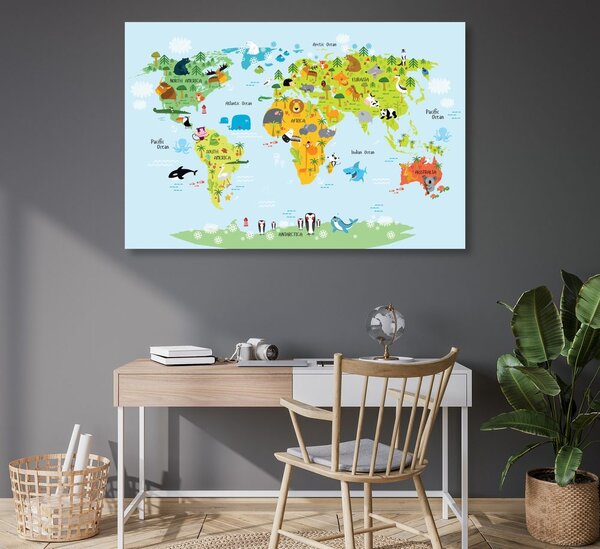 Obraz na korku detská mapa sveta so zvieratkami