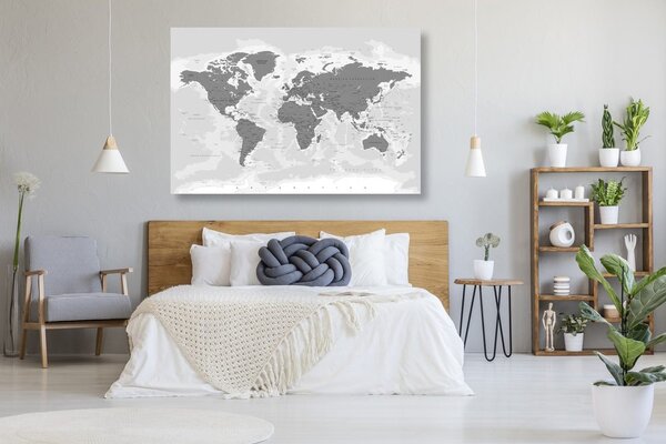 Obraz na korku mapa sveta s čiernobielym nádychom