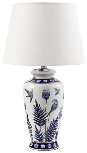 Stolná lampa biela modrá porcelánový podstavec ľanové tienidlo kvetinový vzor osvetlenie obývacia izba spálňa