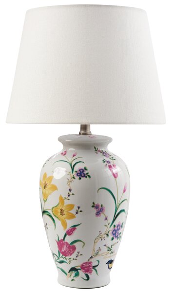 Stolná lampa biela porcelánový podstavec ľanové tienidlo kvetinový vzor osvetlenie obývacia izba spálňa