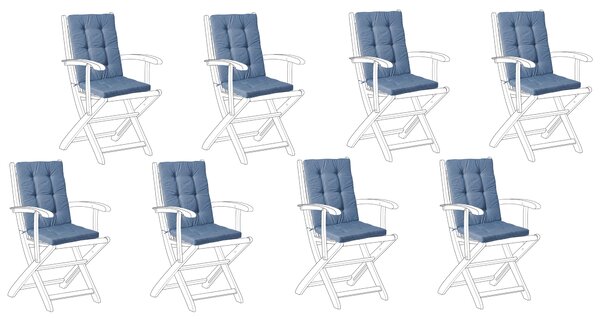 Sada 8 podušiek na sedadlá a operadlá modrá polyester prešívané podsedáky na vonkajšie stoličky UV a vodoodolné