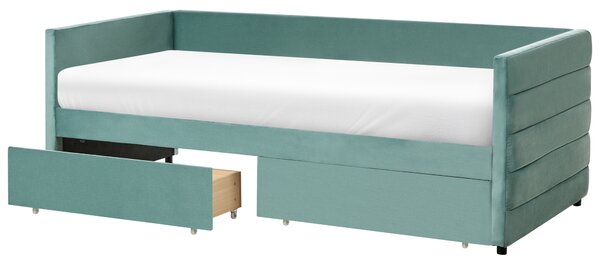 Posteľ mätová zelená zamatové čalúnenie jednolôžko 90 x 200 cm lamelový rošt zásuvky úložný priestor moderný štýl