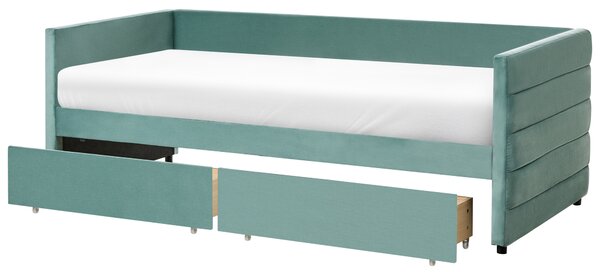 Posteľ mätová zelená zamatové čalúnenie jednolôžko 90 x 200 cm lamelový rošt zásuvky úložný priestor moderný štýl