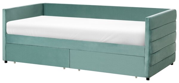Posteľ mätová zelená zamatové čalúnenie jednolôžko 90 x 200 cm lamelový rošt zásuvky úložný priestor moderný štýl