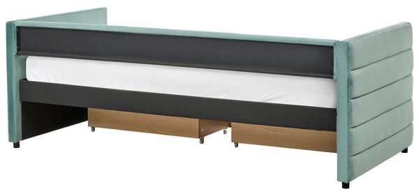 Posteľ mätová zelená zamatové čalúnenie jednolôžko 90 x 200 cm lamelový rošt zásuvky úložný priestor moderný štýl