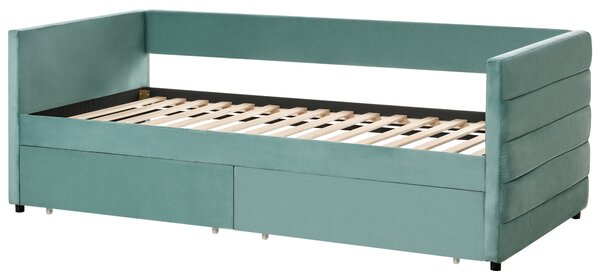 Posteľ mätová zelená zamatové čalúnenie jednolôžko 90 x 200 cm lamelový rošt zásuvky úložný priestor moderný štýl