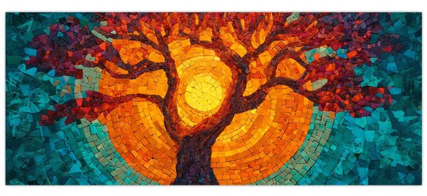 Obraz - Strom života a slnko v mozaike (120x50 cm)