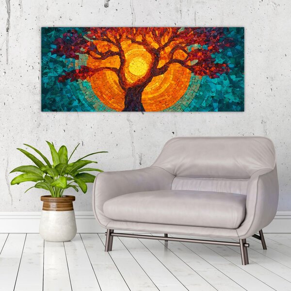 Obraz - Strom života a slnko v mozaike (120x50 cm)